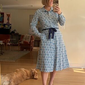 Boden Size 8L Heart Blue and White Long Sleeve Midi Shirt Dress w Ribbon Belt